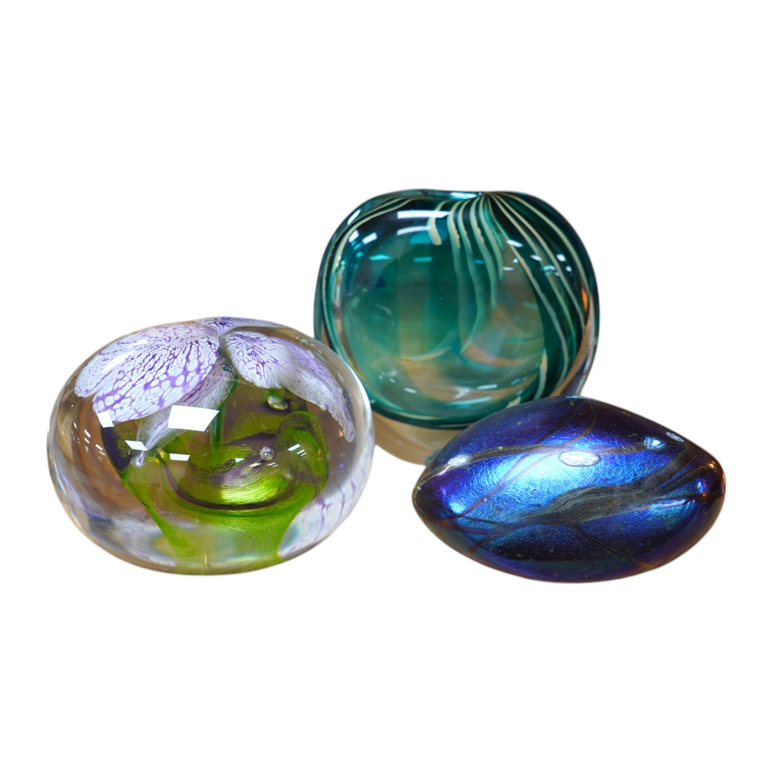 Two Siddy Langley glass paperweights and a contemporary glass vase, 12.5cm tall. Condition - good